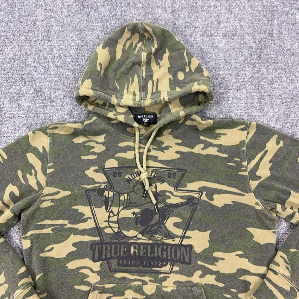 True Religion Hoodie Mens Small Green Camo Pullover Sweatshirt Buddha Logo
